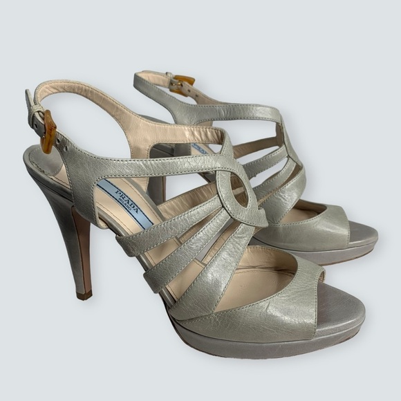 PRADA Heels Size 38 Calzatore Donna Grey Leather Slingback Sandals - Picture 3 of 16